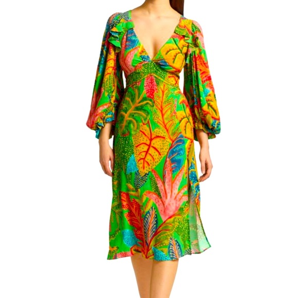 Farm rio forest green dress midi puffy sleeves size small 4 6 - Picture 4 of 11